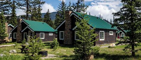 A cabin with a stone chimney, green roof, and surrounded by trees and rocks.