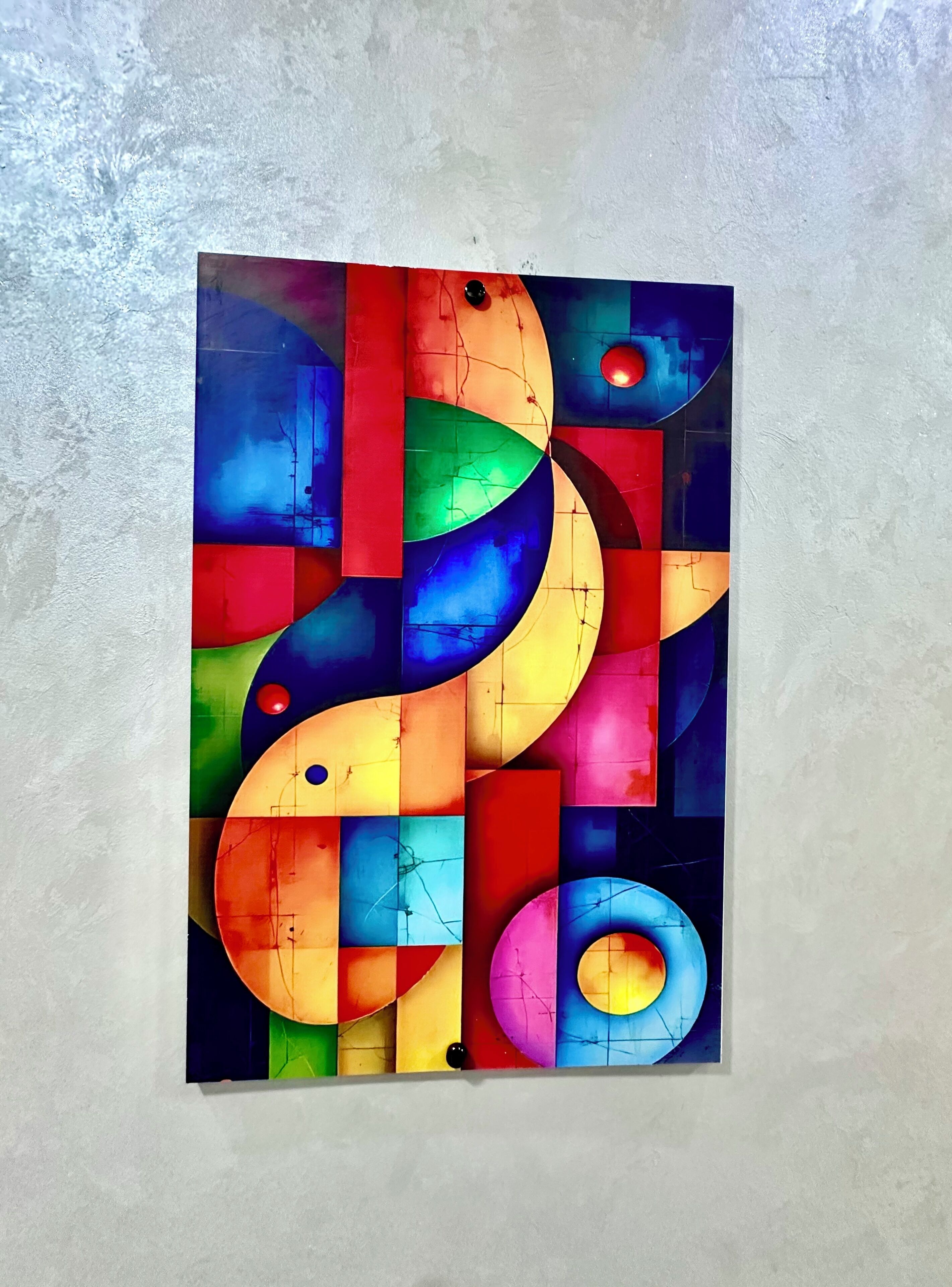 A colorful abstract painting with geometric shapes and lines.