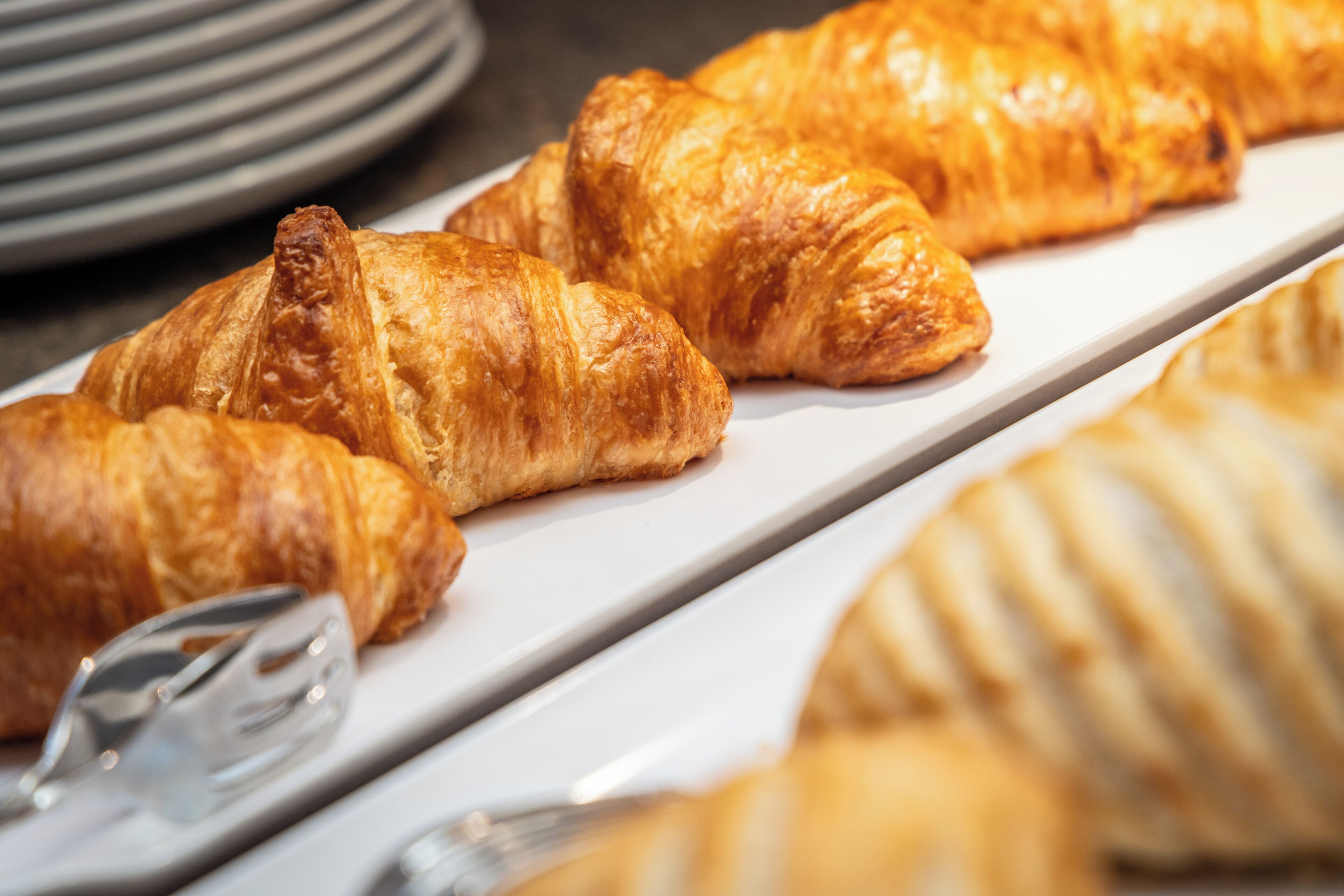 Une assiette blanche sur laquelle sont disposés des croissants dorés et croustillants.