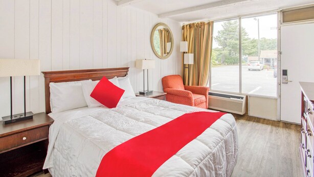 Une chambre d’hôtel avec un grand lit, une chaise, un miroir et une vue sur l’extérieur.