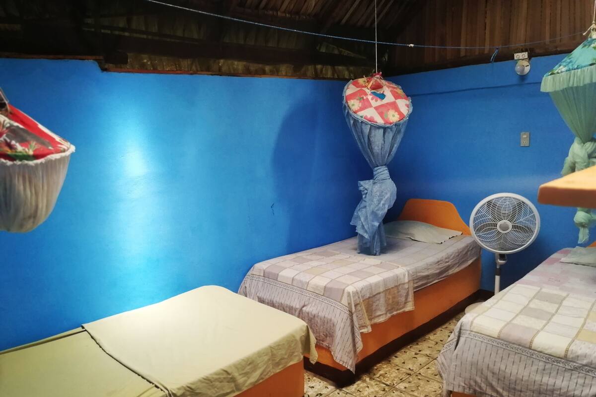 A small, compact room with two single beds, a standing fan, and a hanging mosquito net.