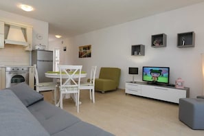 Un espace de vie compact comprenant un coin cuisine, un coin repas, un canapé, une télévision et une petite table.