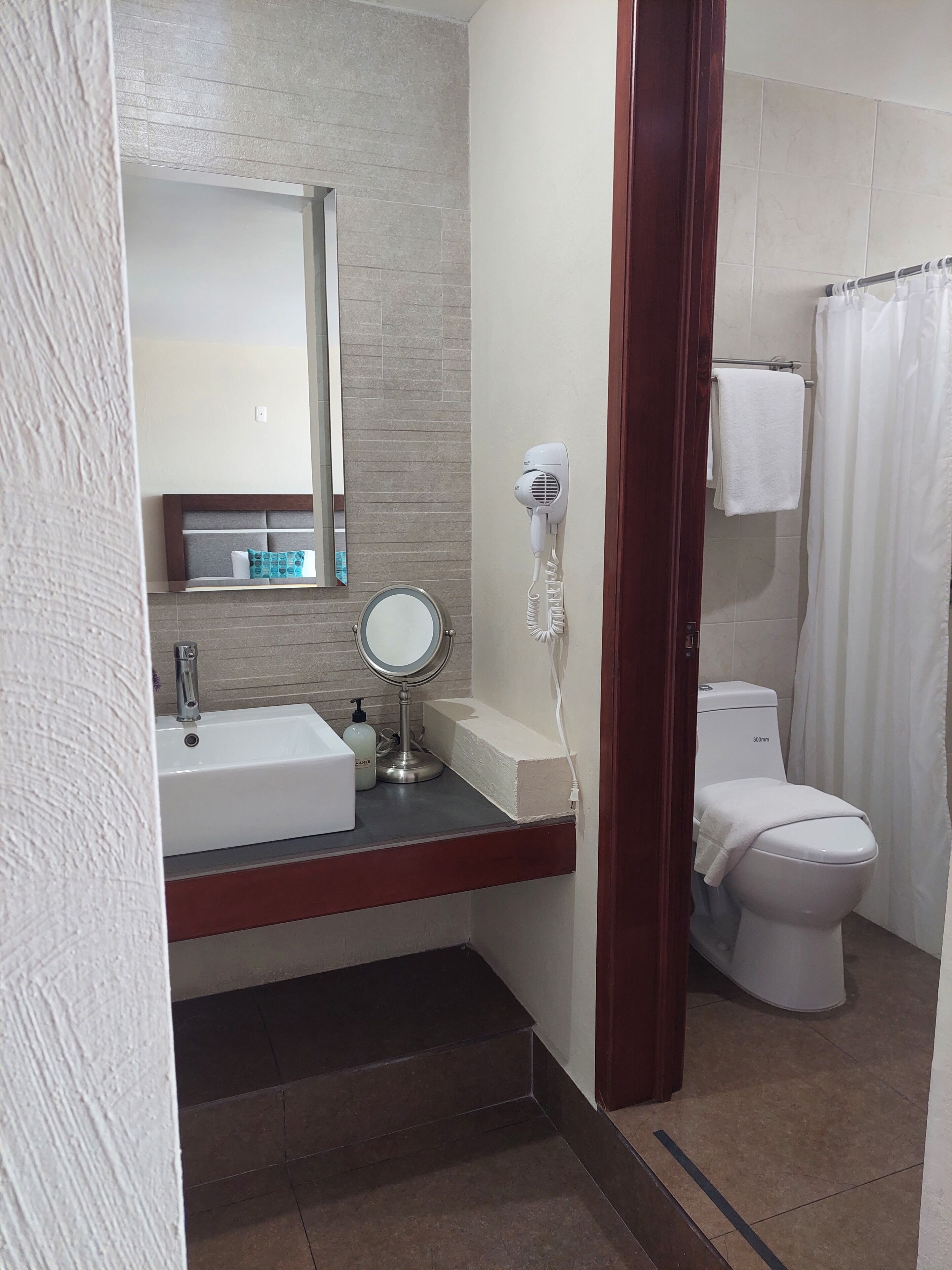 A bathroom with a sink, mirror, hairdryer, and toilet.