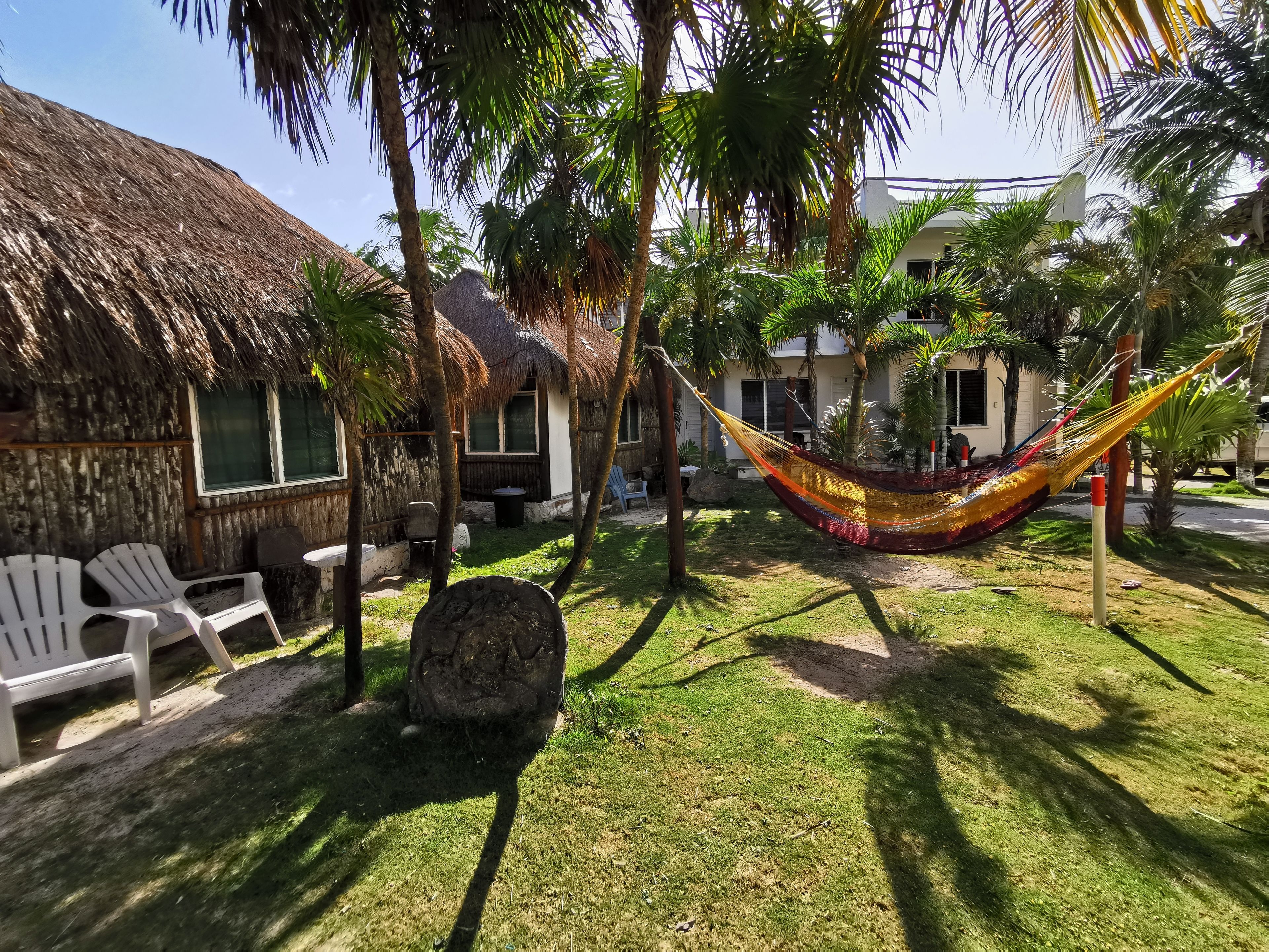 A hammock in a grassy area with white chairs and a thatched-roof building.