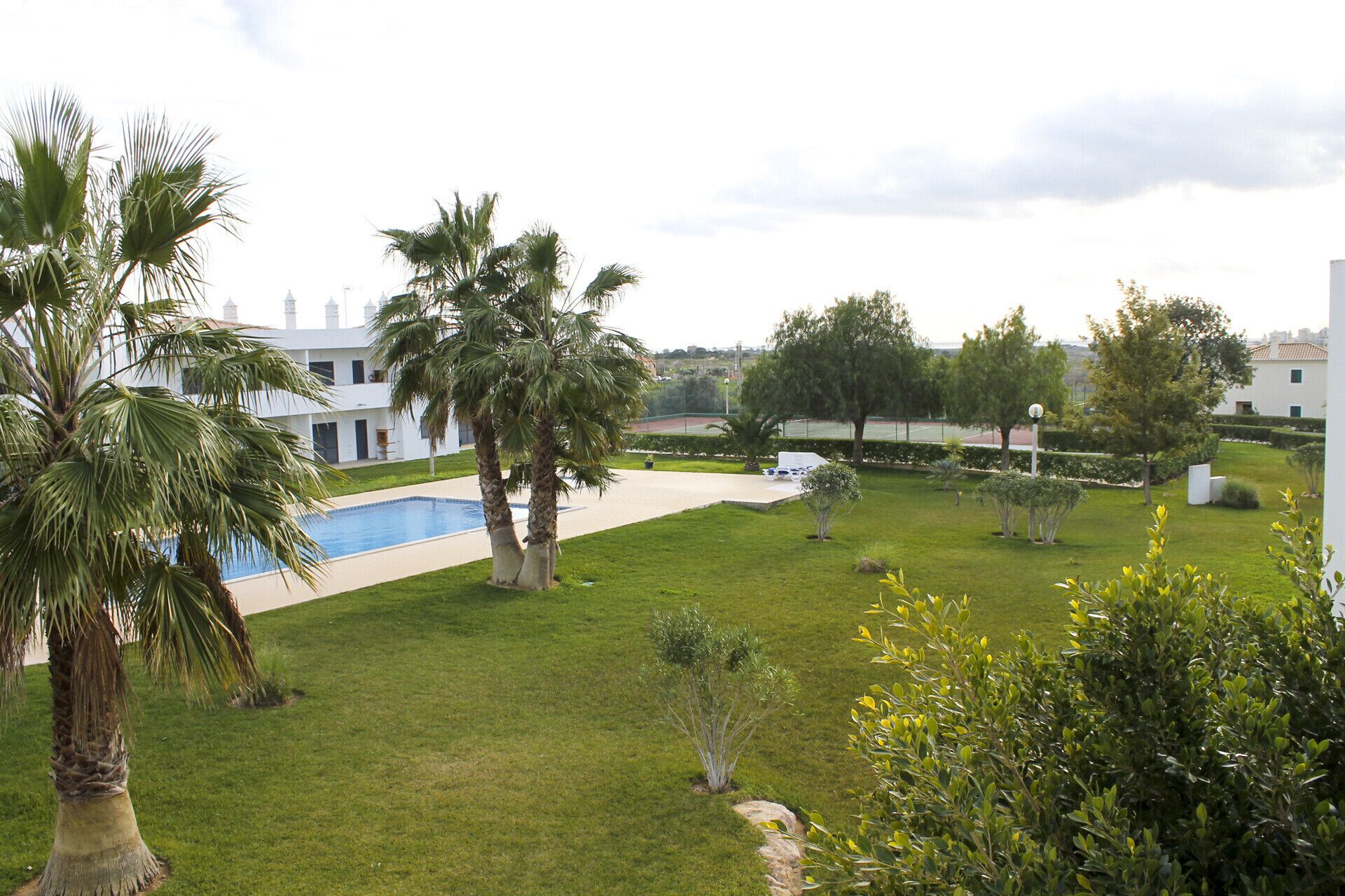 A pool area with palm trees, a tennis court, and a white building in the background.