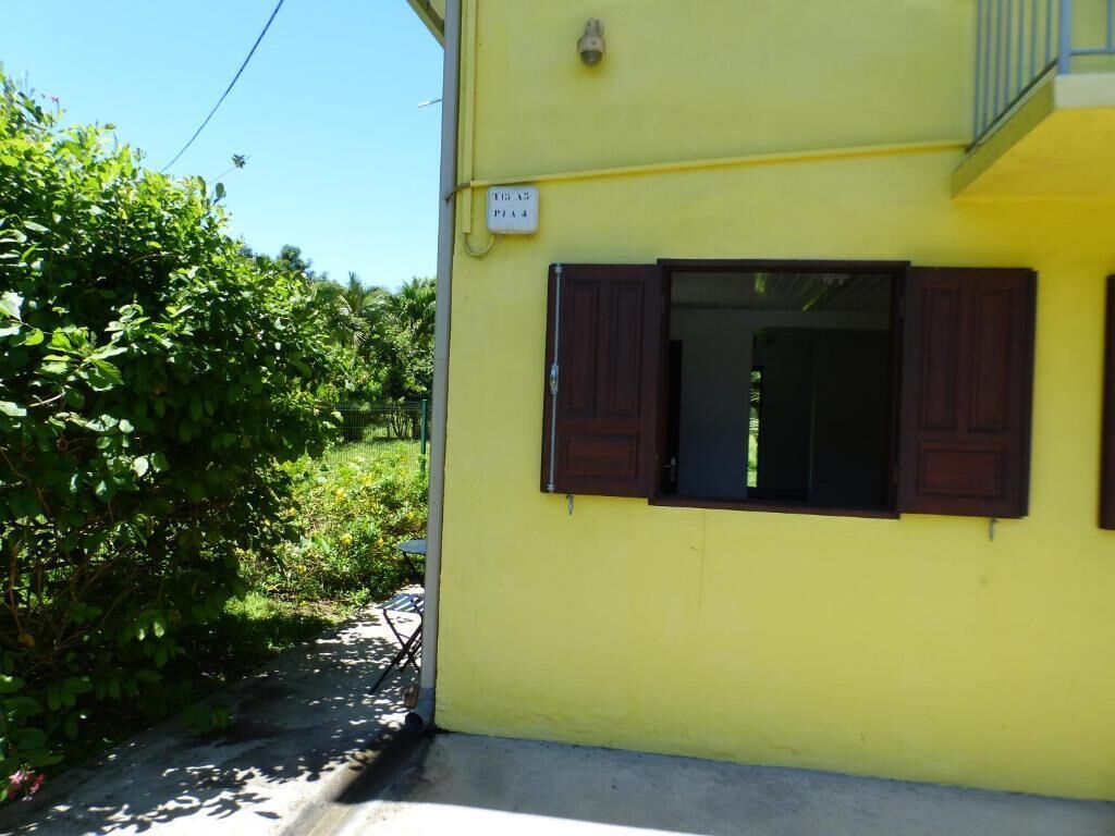 Edifici groc amb una finestra i una porta, envoltat de vegetació.