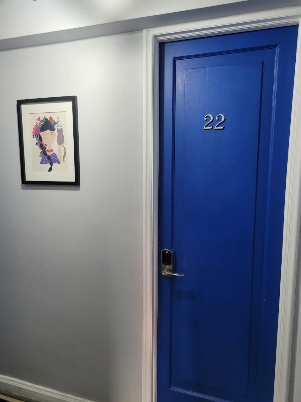 A blue door with the number 22, a framed picture on the wall, and a door handle.