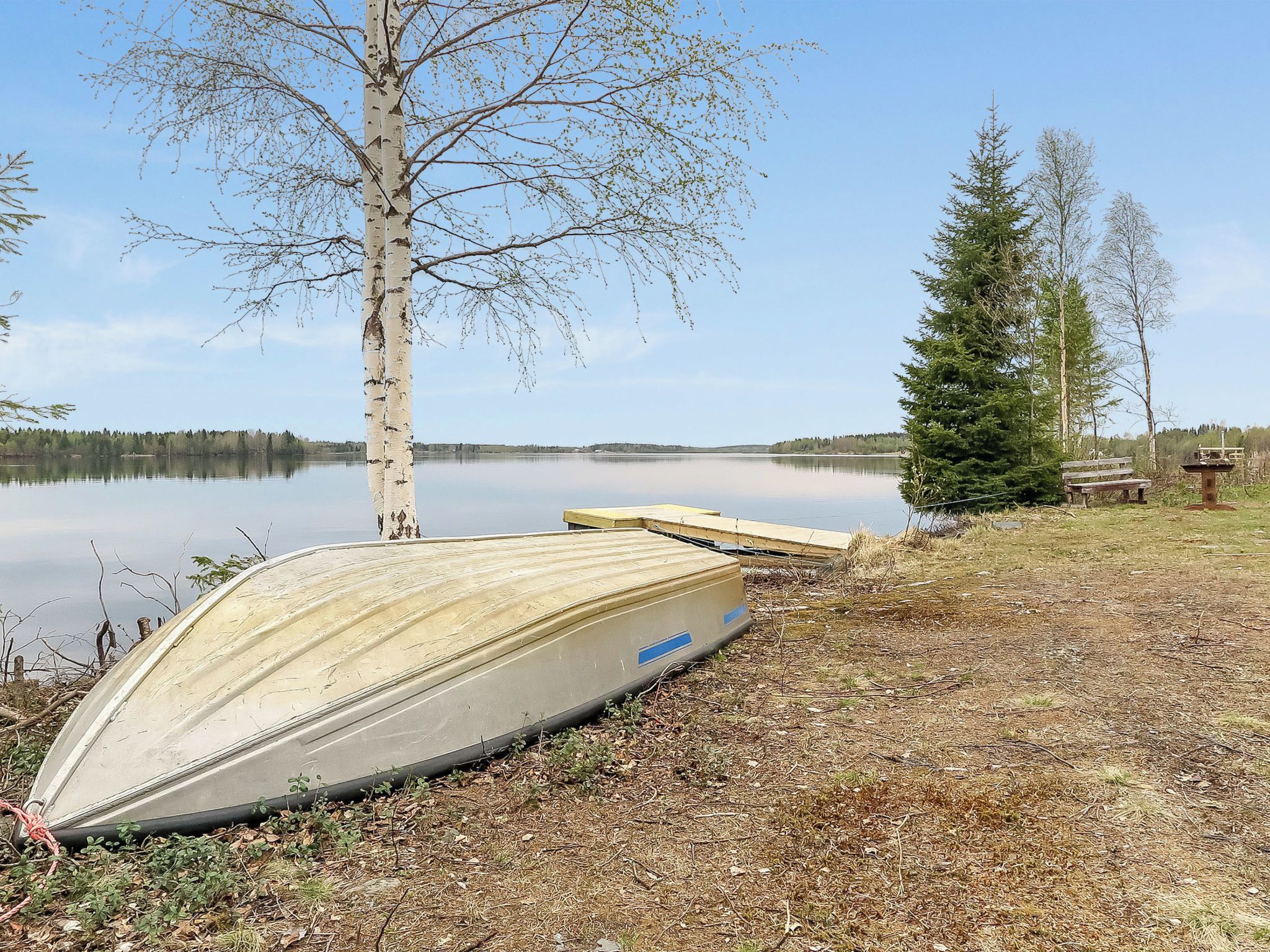Un cadre idyllique au bord du lac, avec un bateau, un arbre et un banc.