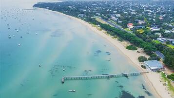An aerial view of a coastal area with a beach, a pier, and residential buildings.