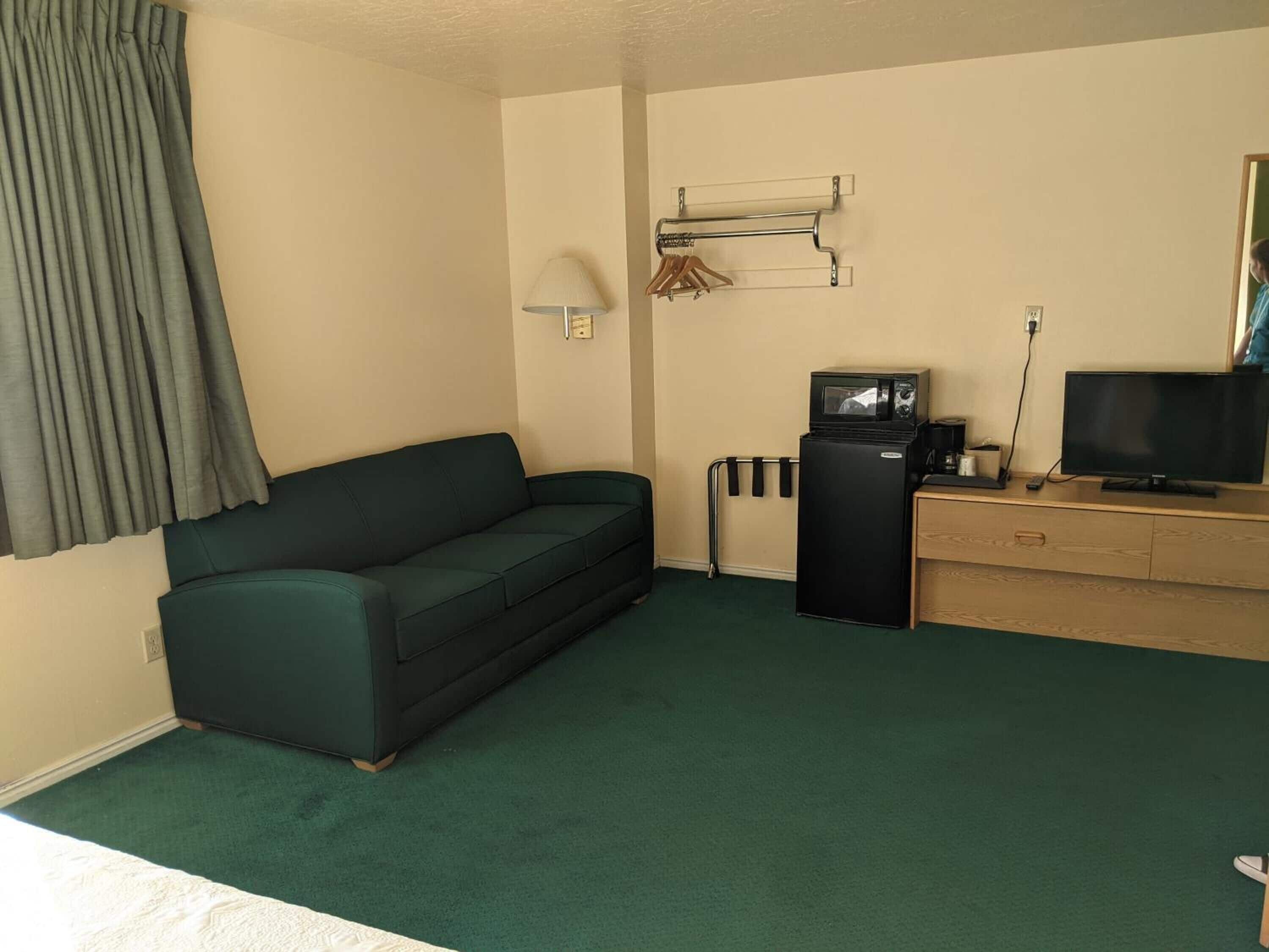 Ein kleines Hotelzimmer mit einem grünen Sofa, einem kleinen schwarzen Kühlschrank, einem Fernseher und einer Wandlampe.