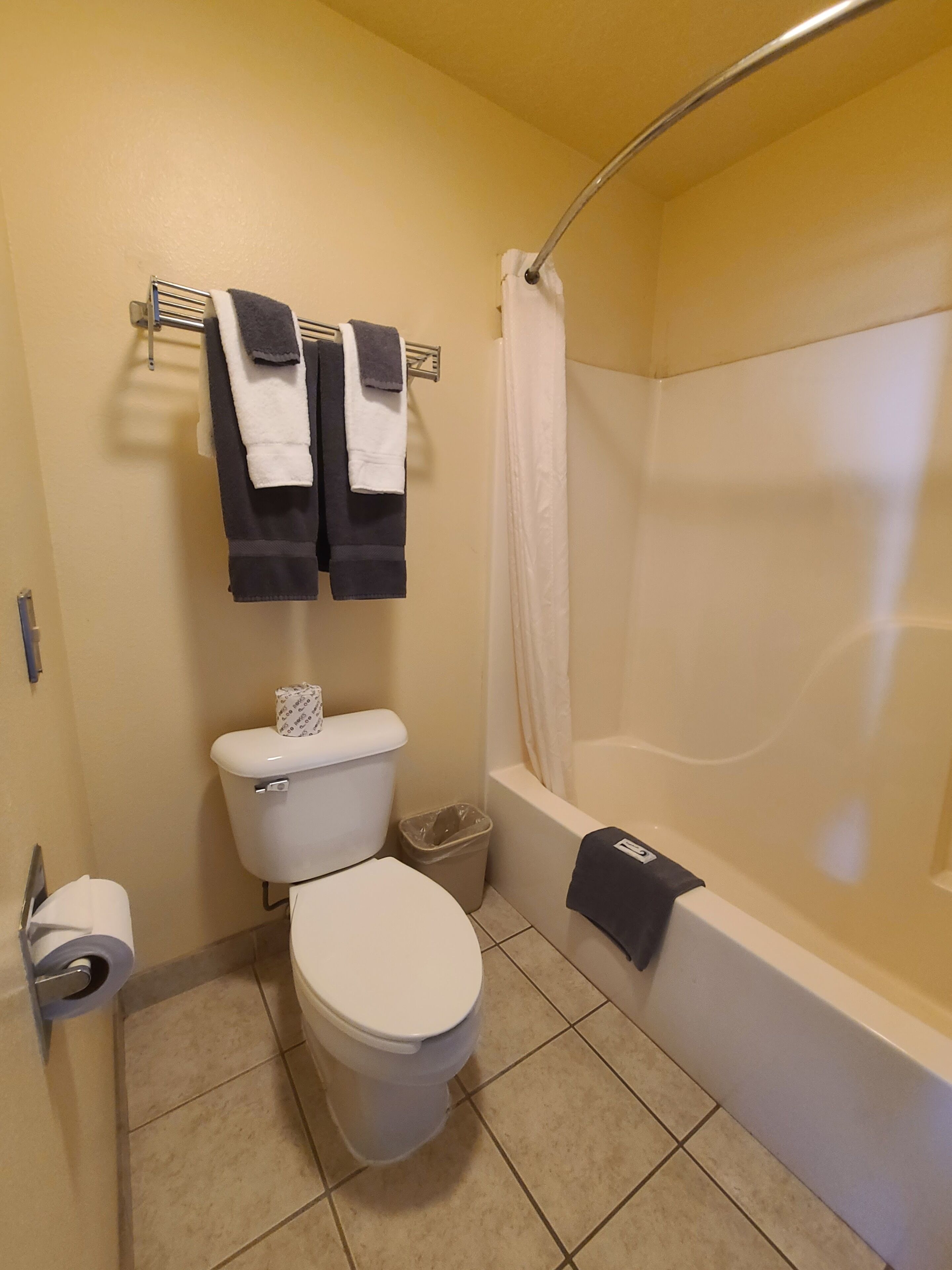 A bathroom with a toilet, a bathtub, and a shower curtain.
