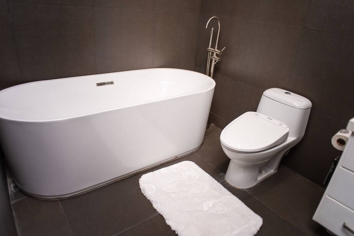A modern bathroom with a freestanding bathtub, a toilet, and a white rug on the floor.