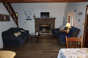 Smart TV, fireplace, books