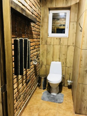 Hair dryer, towels, soap, toilet paper