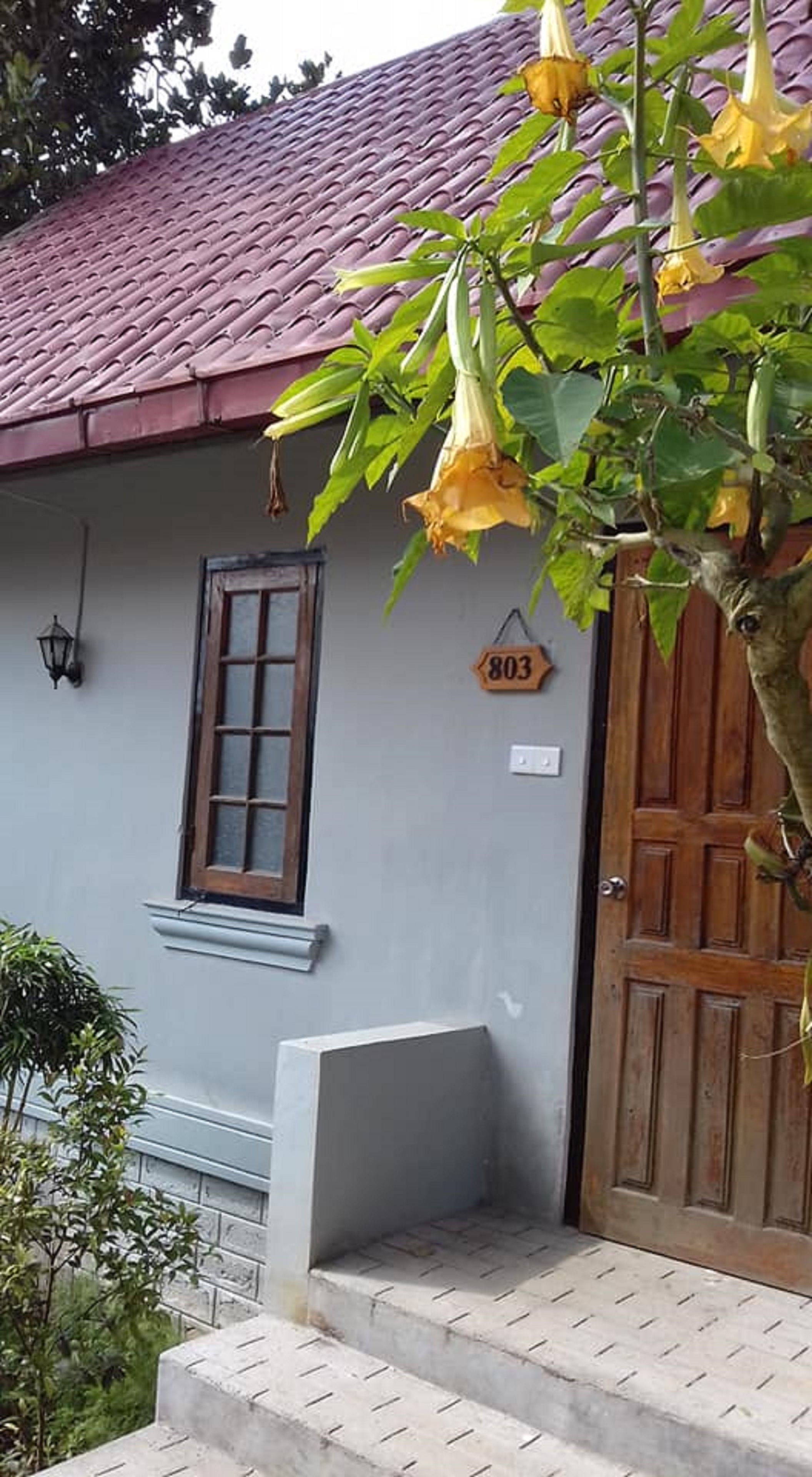 A house with a red-tiled roof, a wooden door, and a window with a number sign.