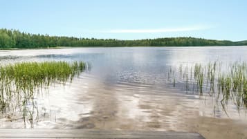 En träbrygga som leder ut i en stilla sjö med en skogbeklädd strand.