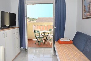 Télévision, cheminée, lecteur de DVD, livres