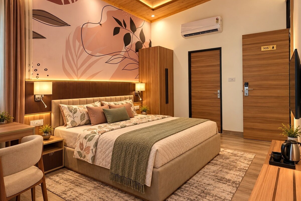 A modern hotel room with a large bed, a wooden wardrobe, a desk with a chair, a television, and an air conditioning unit.