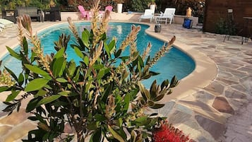 Outdoor pool, open 8:00 AM to 8:00 PM, pool loungers