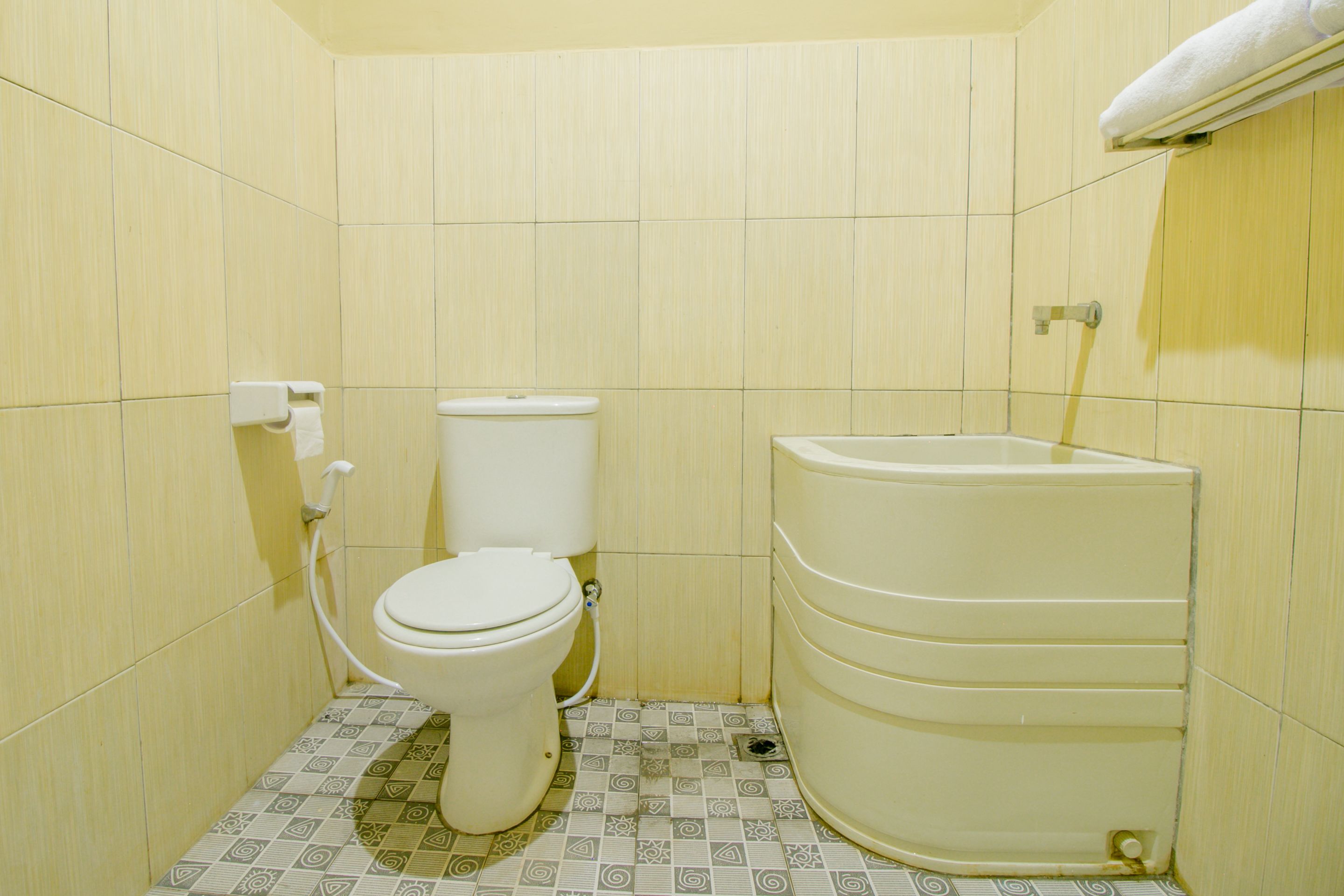 A small bathroom with a toilet, a sink, and a toilet paper holder.