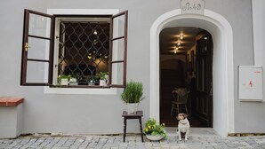 Entrada de un edificio con una ventana abierta, una pequeña mesa con una planta en maceta y un perro parado afuera.
