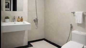 Shower, free toiletries, hair dryer, slippers