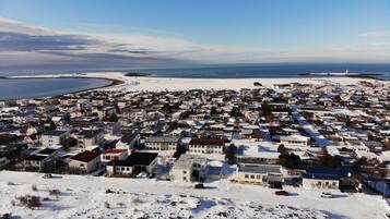 A residential area with houses and a beach in the background.