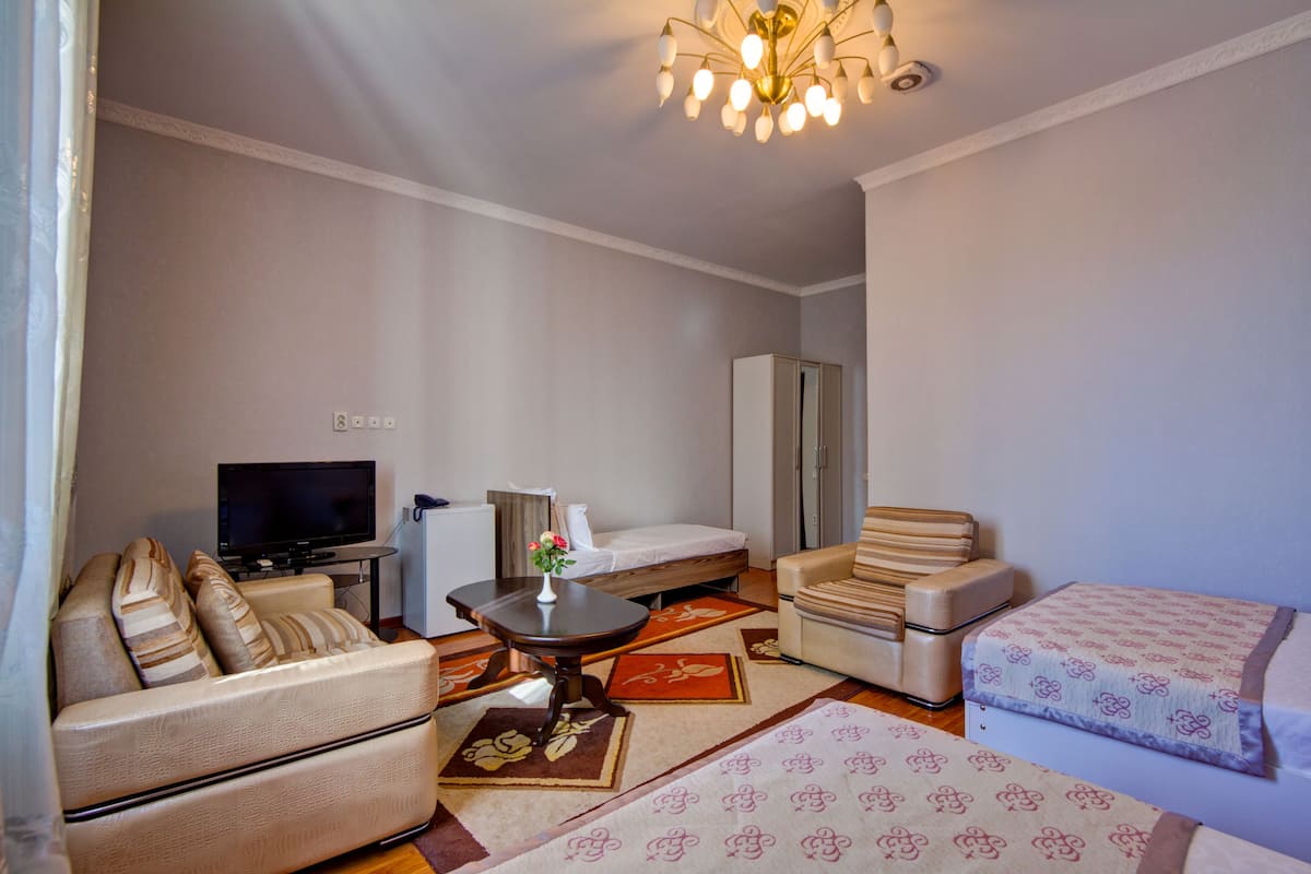 Una habitación de hotel con un sofá, una cama, un televisor y un escritorio con un florero.