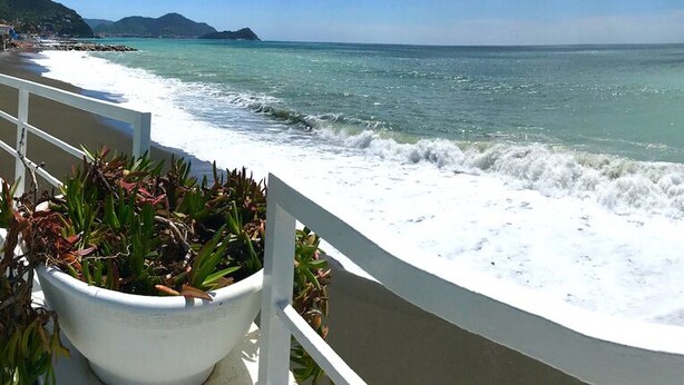 Blick auf den Strand mit Geländer, einem Blumentopf und dem Meer.