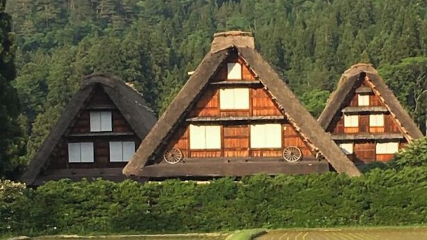 A traditional thatched-roof house with a reflection in a water body, surrounded by forest. - Thanyaporn Hotel (Takayama)