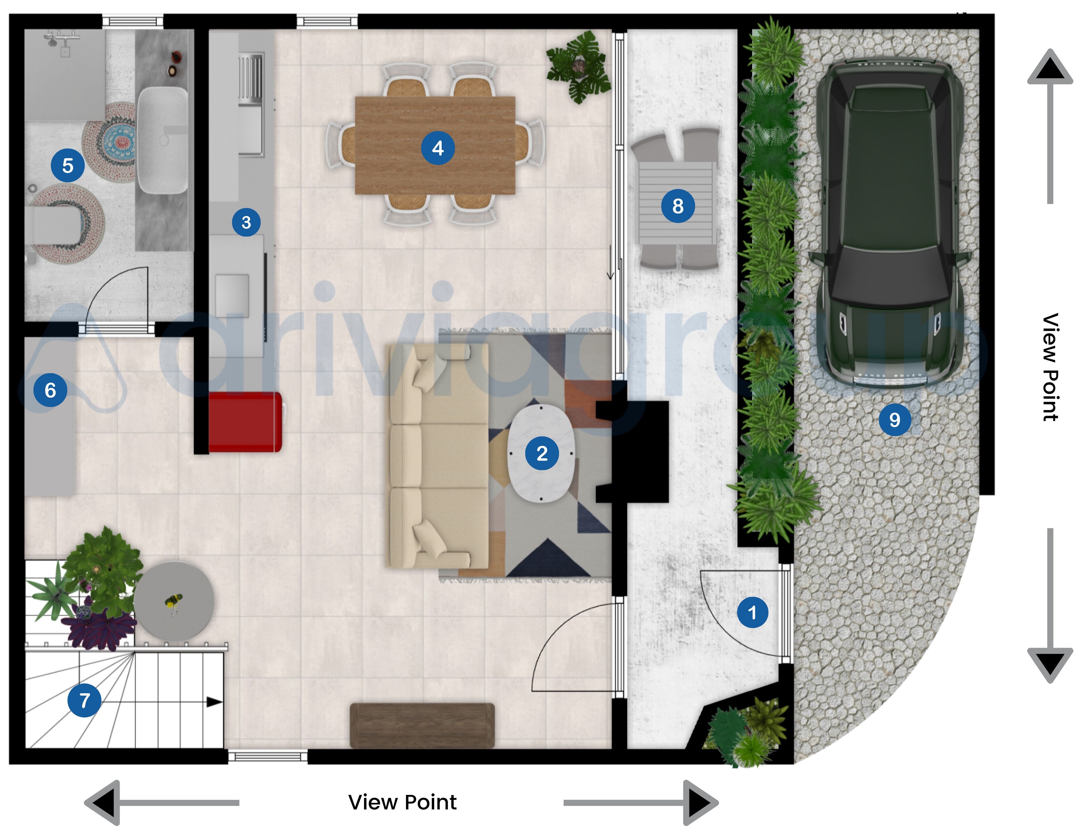 A 2D floor plan of a residential property with a dining area, kitchen, living room, and a view of a parked car.