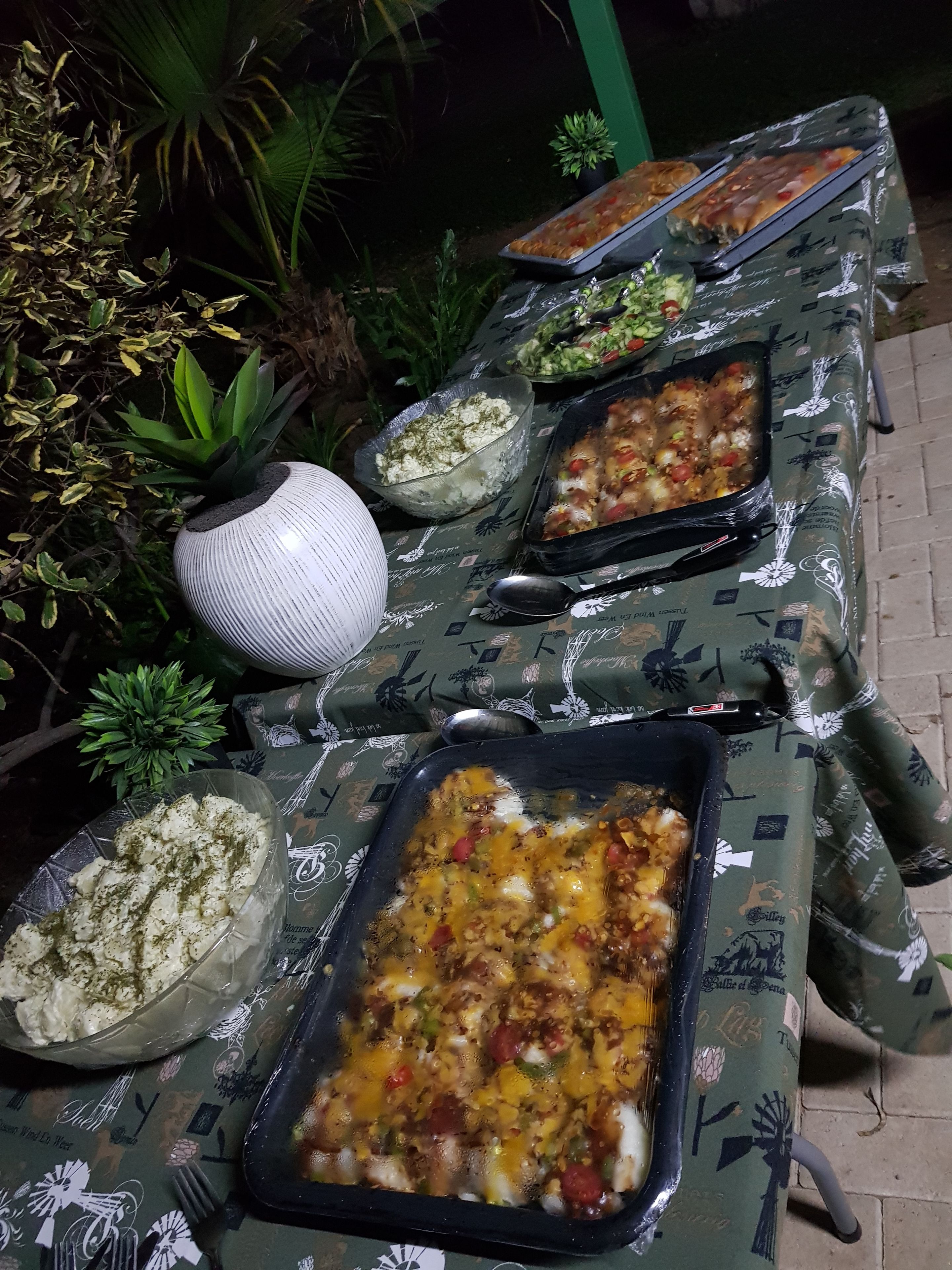 A table with various dishes, including a casserole, salad, and a bowl of dip, set outdoors with plants around.