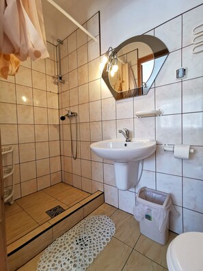 Chambre Quadruple (5) | Salle de bain | Douche, serviettes fournies