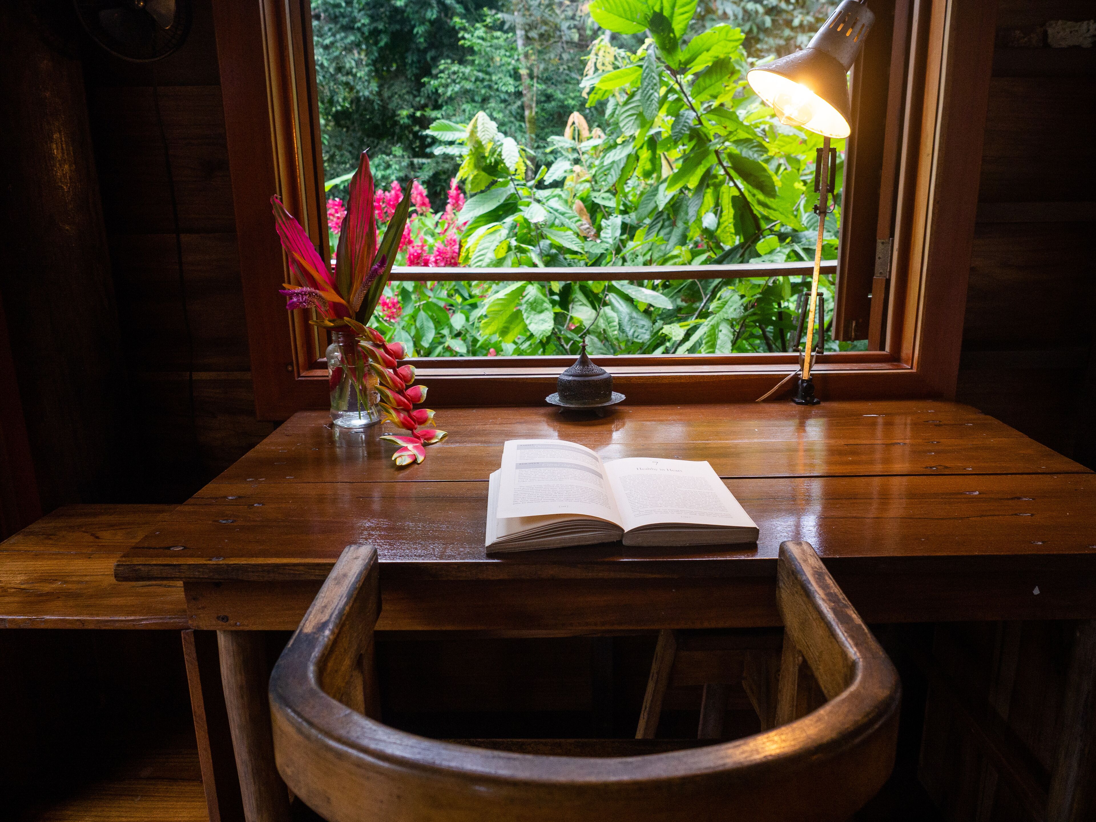 A wooden desk with a book, a lamp, and a vase with flowers.