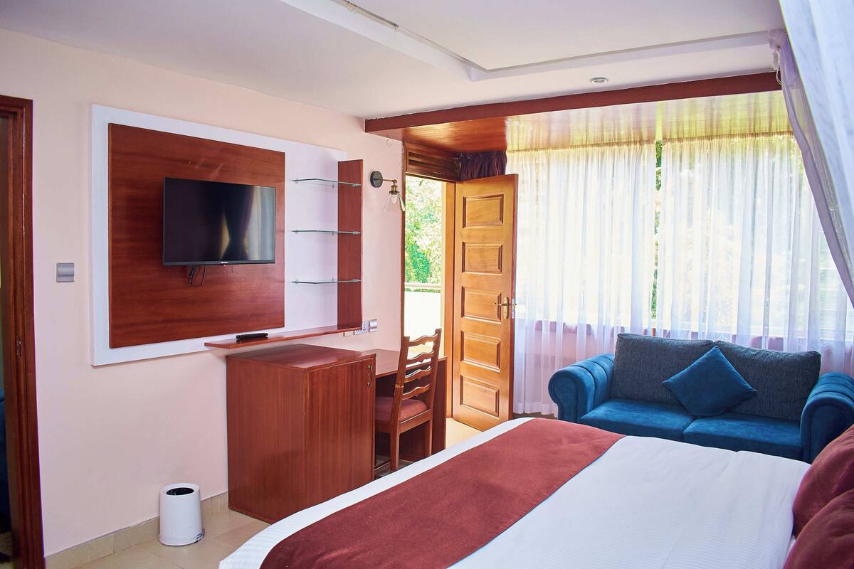 A hotel room with a bed, a TV mounted on the wall, a wooden desk, a blue sofa, and a door leading to an outdoor area.