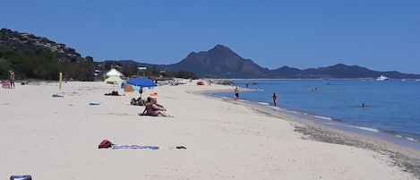 On the beach, sun-loungers, beach towels