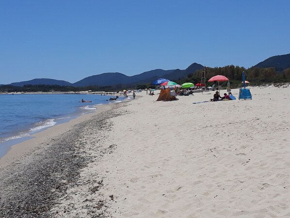 On the beach, sun-loungers, beach towels