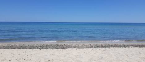 On the beach, sun loungers, beach towels