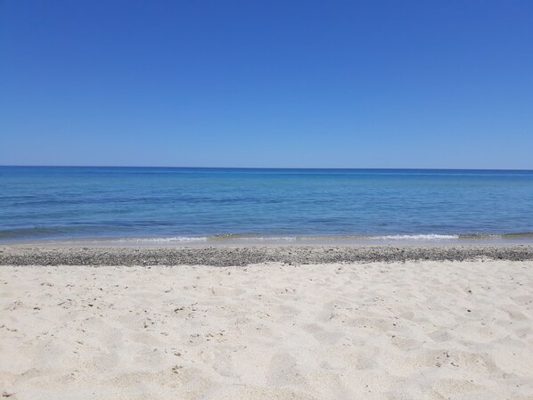 On the beach, sun-loungers, beach towels