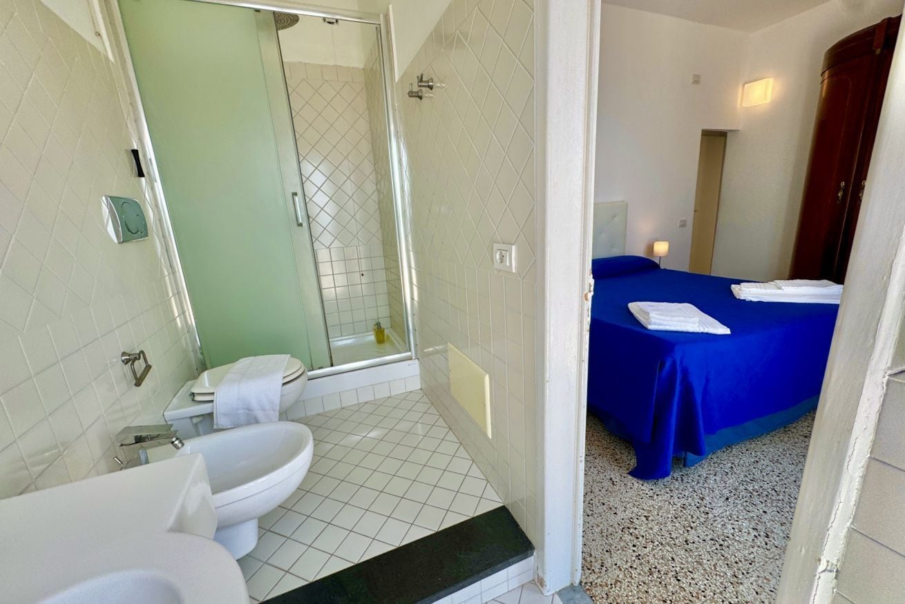 Een badkamer met toilet, bidet en douche.