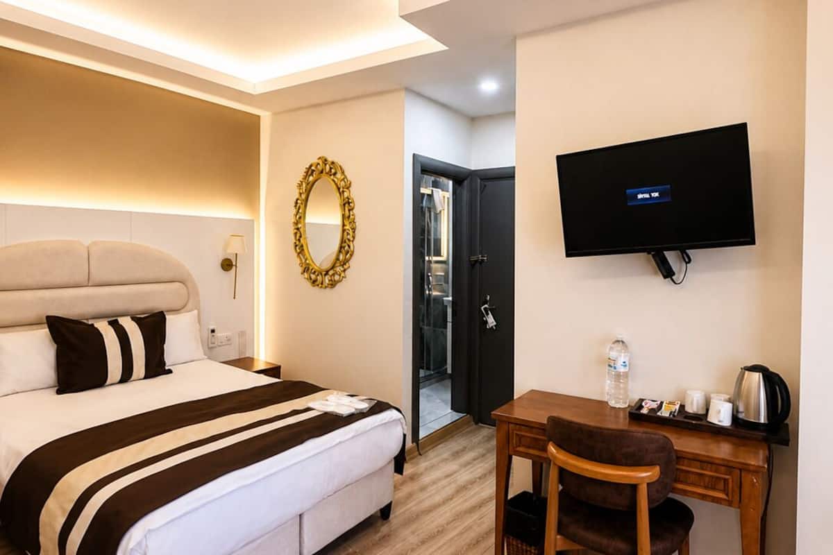 A hotel room with a bed, a desk, a chair, a television, and a shower area.