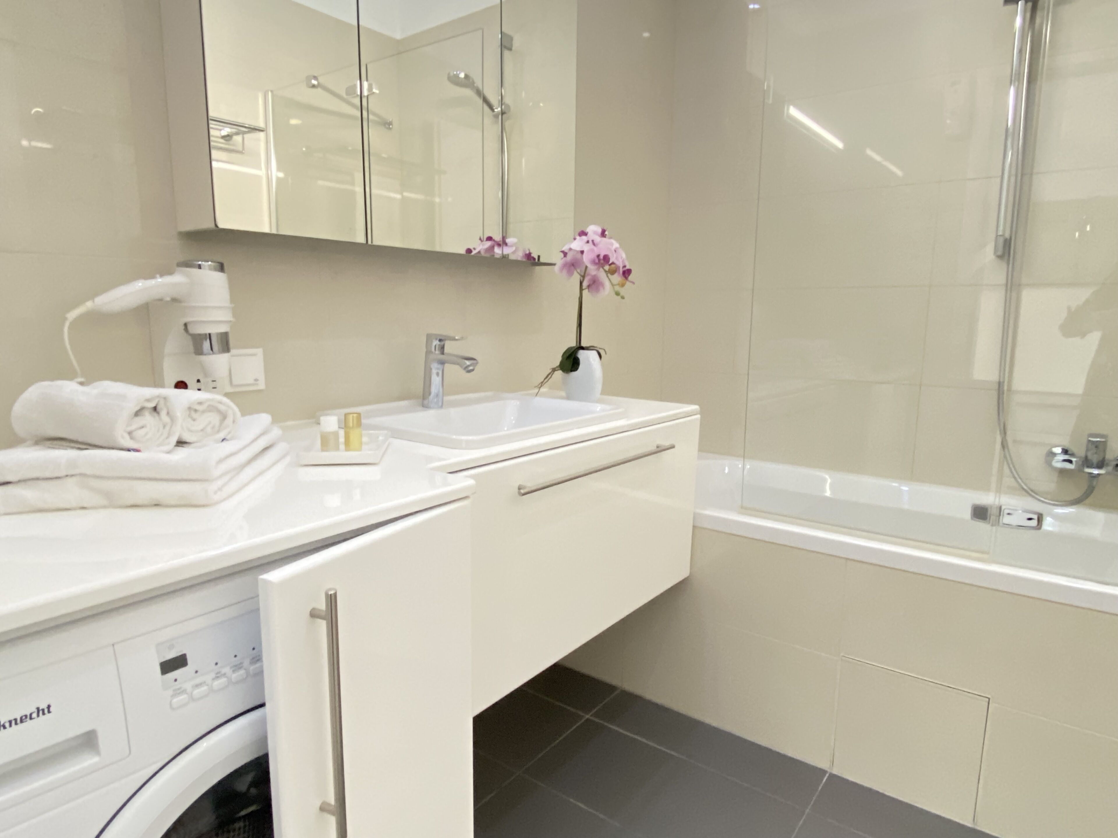 A modern bathroom with a white sink, a glass shower enclosure, and a built-in washing machine.