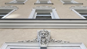 Fachada de edificio con diseño arquitectónico simétrico, destacando un elemento decorativo central y múltiples ventanales.