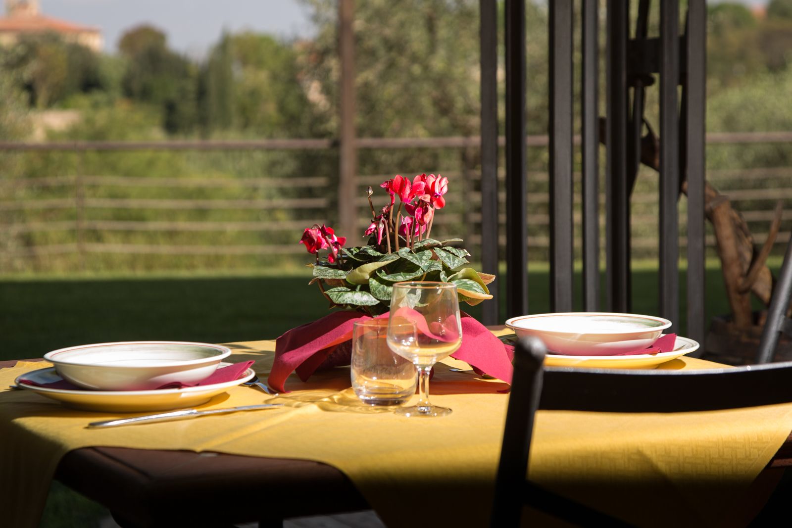 A dining table set with plates, a glass, and a vase with flowers.