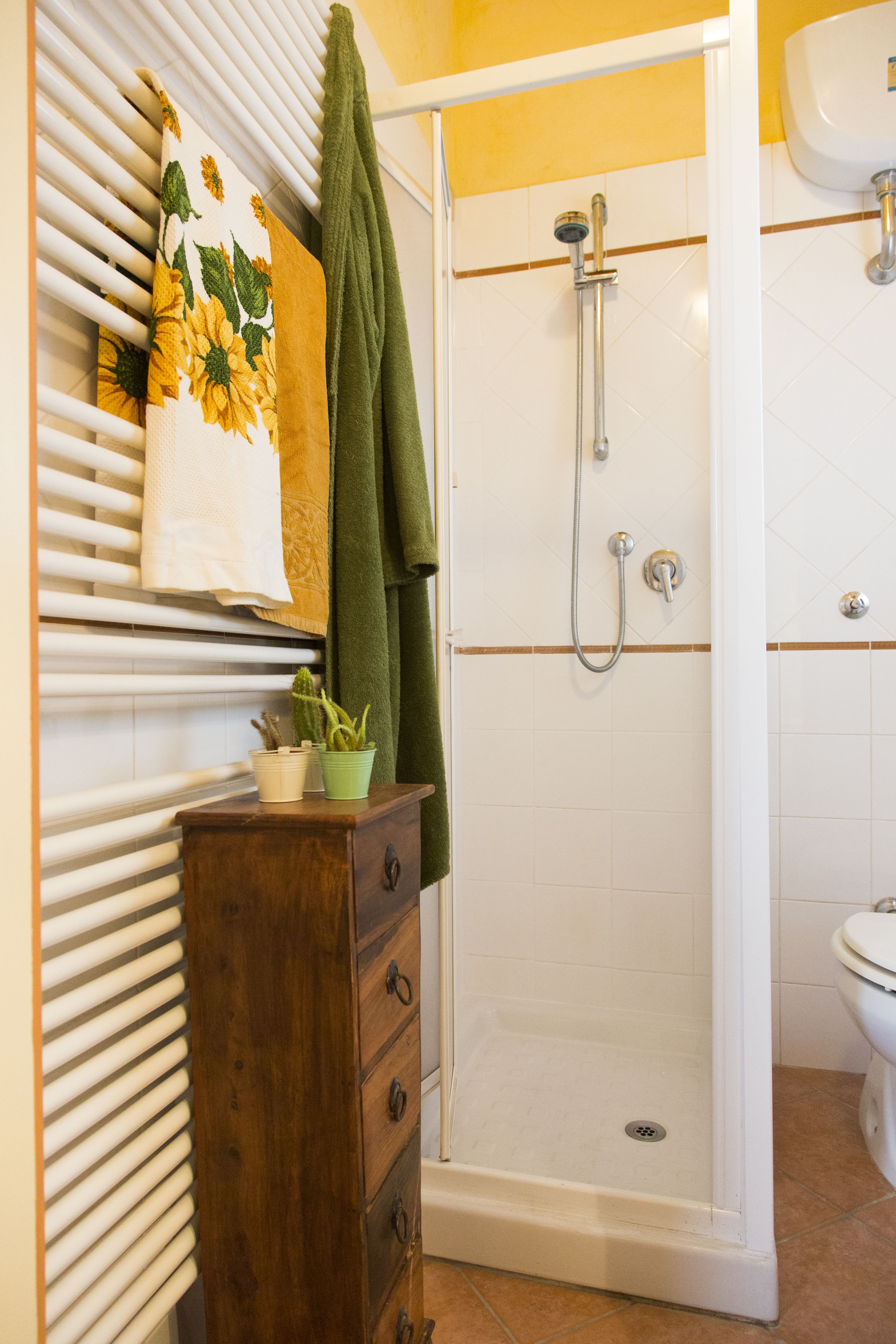 A bathroom with a shower, toilet, and a wooden cabinet with a towel and a potted plant.