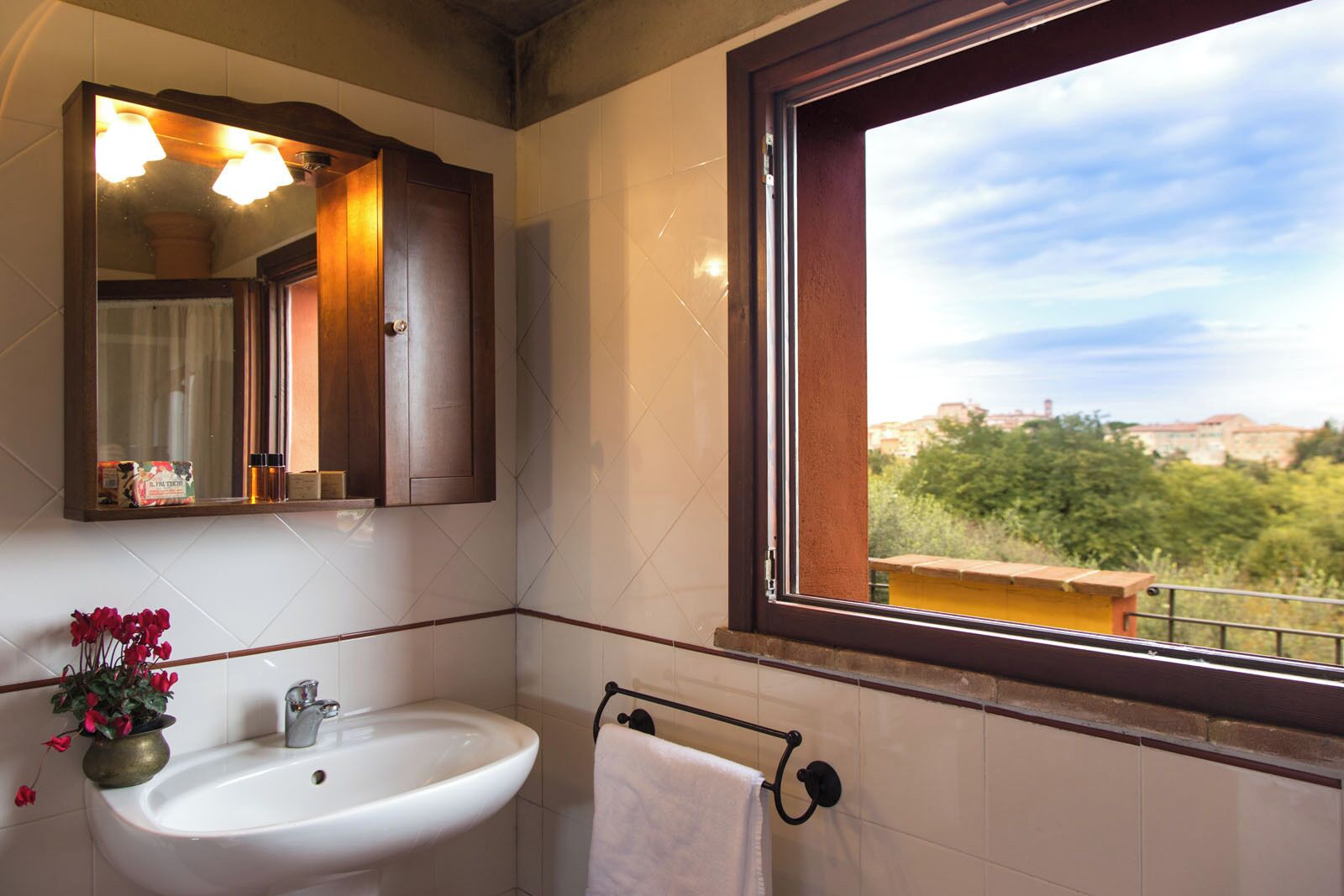 A bathroom with a sink, mirror, and window with a view of greenery and buildings.