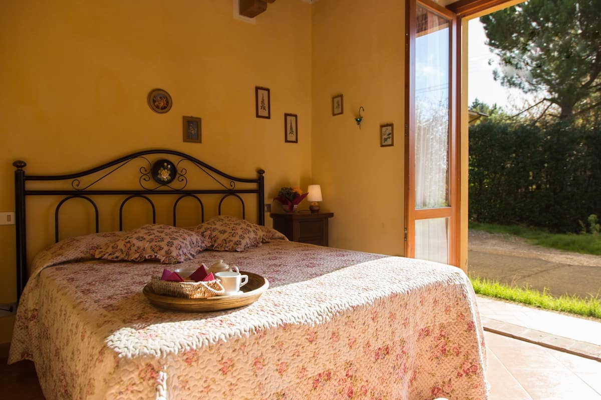 A bed with a floral bedspread, a bedside table with a lamp, and a window with a view of greenery.