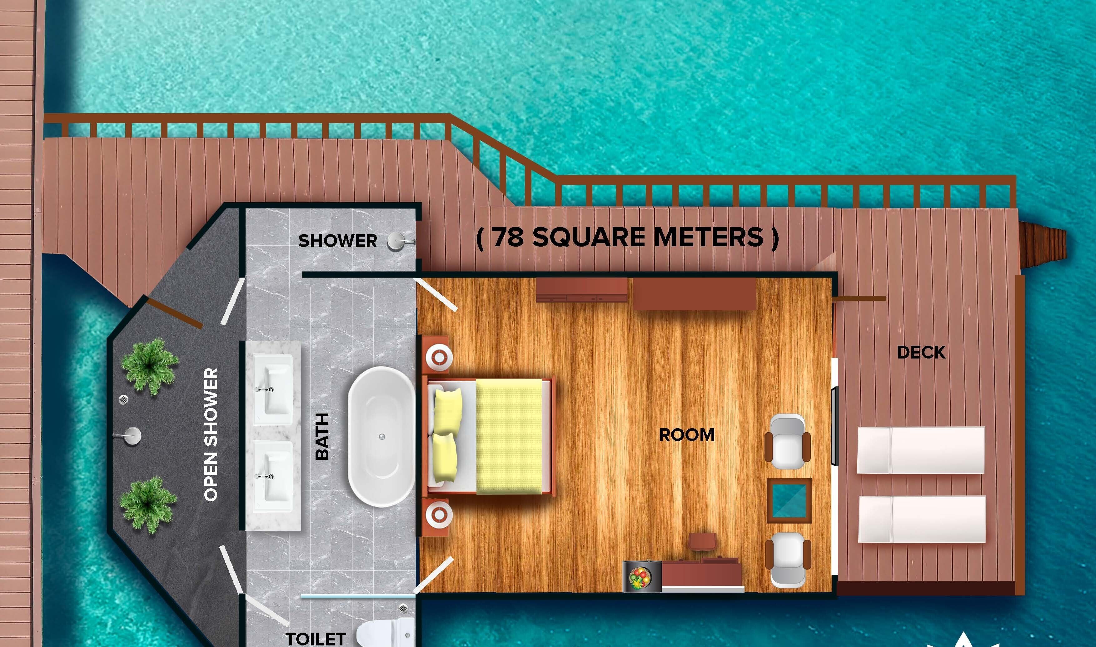 Una stanza di 78 metri quadri con doccia, vasca idromassaggio, toilette e terrazza.