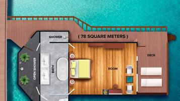 Una stanza di 78 metri quadri con doccia, vasca idromassaggio, toilette e terrazza.
