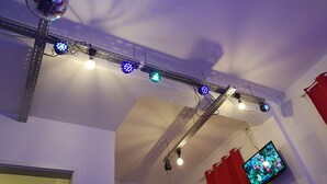Eine Decke mit Schienenspots, einer Discokugel und einem Fernseher, der floralem Tapetenmuster zeigt.